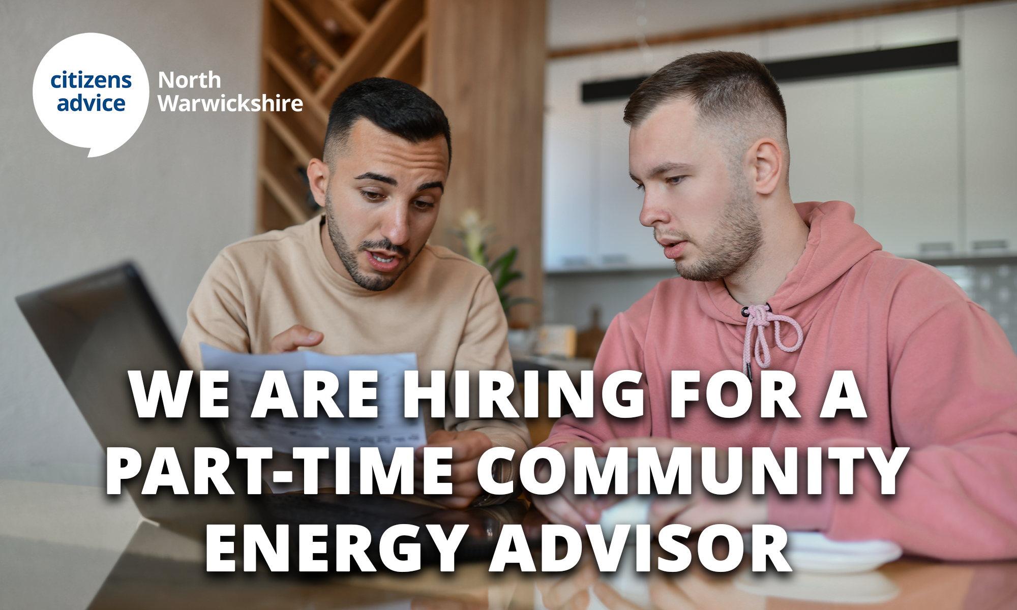 Text reading "We are Hiring for a part-time community energy advisor" with two men picture behind.